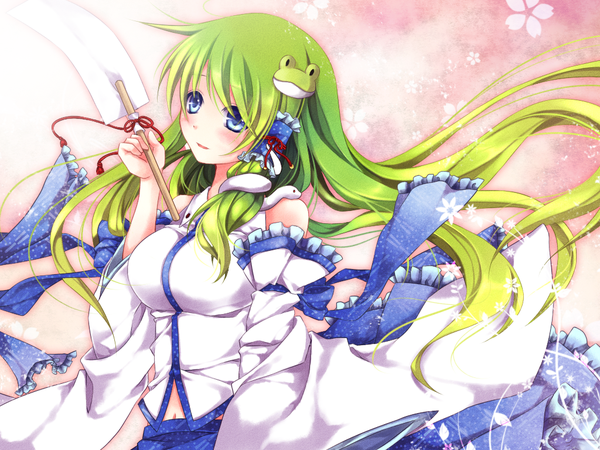 Anime picture 1024x768 with touhou kochiya sanae mochizuki shiina single long hair blush blue eyes green hair girl dress hair ornament detached sleeves frills hair tubes ofuda