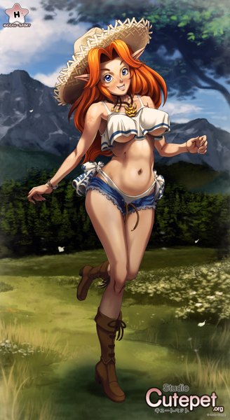 Anime picture 1058x1932 with the legend of zelda malon studiocutepet (artist) single long hair tall image blush blue eyes light erotic smile pointy ears orange hair girl navel underwear panties hat shorts boots short shorts