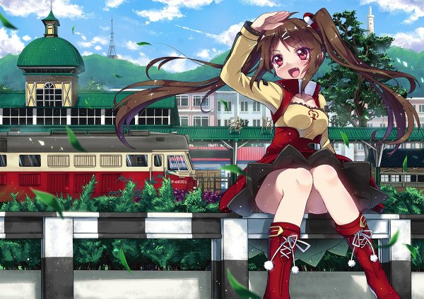 Anime picture 1200x849 with china railway girl north abyssor single long hair blush open mouth light erotic smile red eyes brown hair sitting twintails outdoors :d arm up teeth fang (fangs) knees touching convenient leg personification