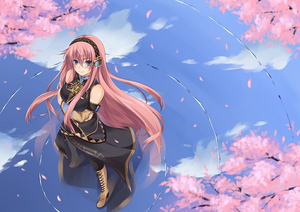 Anime picture 1000x707 with vocaloid megurine luka iroha (unyun) single long hair blue eyes bare shoulders pink hair cherry blossoms girl petals boots headphones