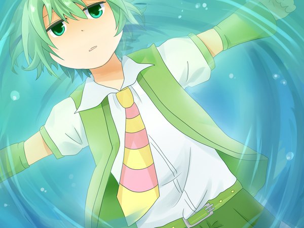 Anime picture 2000x1500 with vocaloid ryuto (vocaloid) single highres short hair open mouth green eyes green hair boy detached sleeves shirt water necktie