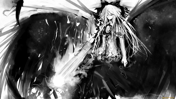 Anime picture 1920x1080 with touhou reiuji utsuho hinomaru (artist) highres wide image cleavage very long hair angel wings arm cannon girl dress bow weapon hair bow wings black dress huge weapon