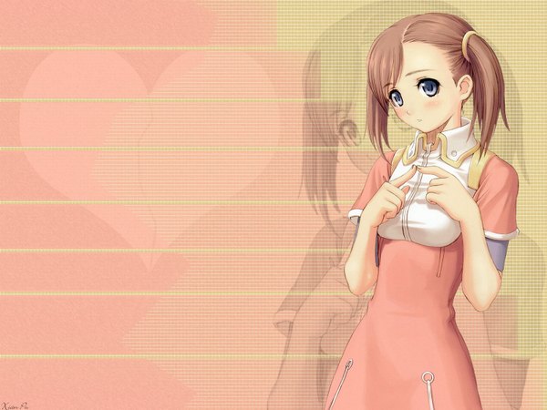 Anime picture 1600x1200 with uchuu no stellvia mia glennorth tony taka rkp8545 single blush fringe short hair blue eyes brown hair twintails looking away embarrassed wallpaper short twintails zoom layer girl dress heart teardrop