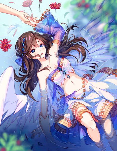 Anime picture 930x1200 with original hyanna-natsu long hair tall image fringe open mouth blue eyes hair between eyes bare shoulders holding signed looking away full body bent knee (knees) from above midriff wet on back spread arms angel wings