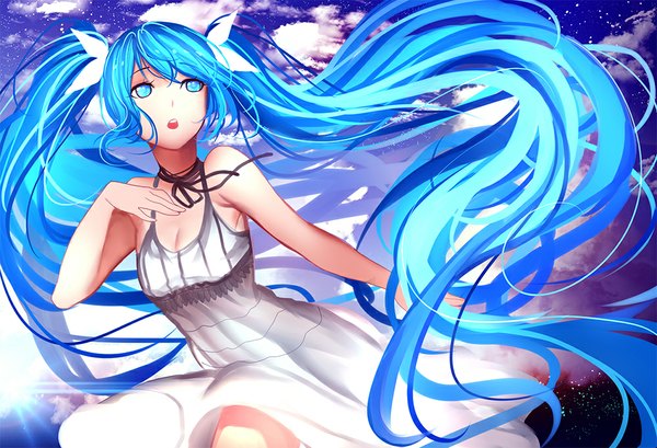 Anime picture 1000x683 with vocaloid hatsune miku xiaoshou xiansheng single open mouth blue eyes twintails bare shoulders blue hair sky cloud (clouds) very long hair sunlight sunbeam girl dress white dress sun