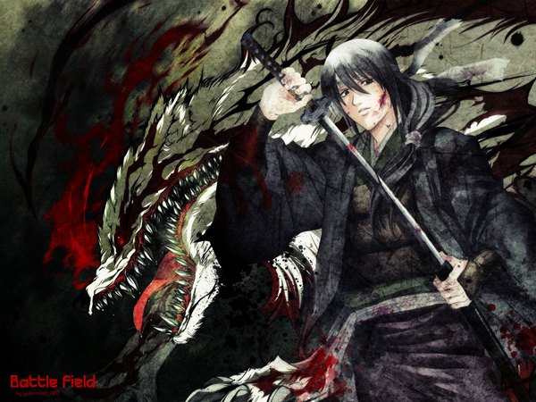 Anime picture 1600x1200 with gintama sunrise (studio) katsura kotarou single long hair black hair traditional clothes black eyes inscription samurai boy weapon sword katana blood monster