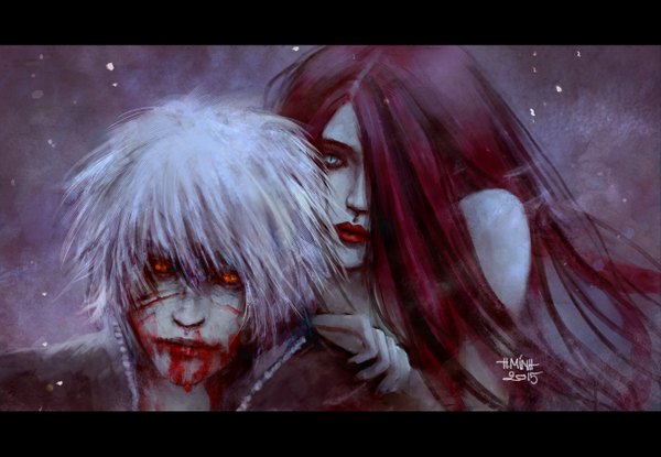 Anime picture 1300x900 with nanfe long hair looking at viewer fringe short hair blue eyes black hair bare shoulders signed white hair nude lips hair over one eye realistic orange eyes couple lipstick dated letterboxed red lipstick