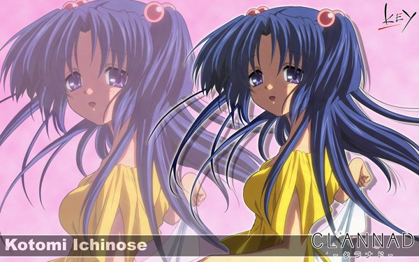 Anime picture 1920x1200 with clannad key (studio) ichinose kotomi long hair highres simple background wide image purple eyes purple hair inscription two side up copyright name pink background zoom layer girl hair ornament hair bobbles