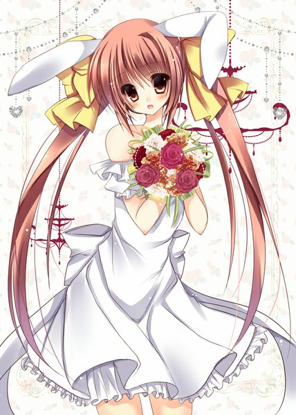 Anime picture 714x1000 with original amane ruri single long hair tall image looking at viewer blush open mouth brown hair brown eyes animal ears bunny ears girl dress flower (flowers) bow hair bow white dress bouquet