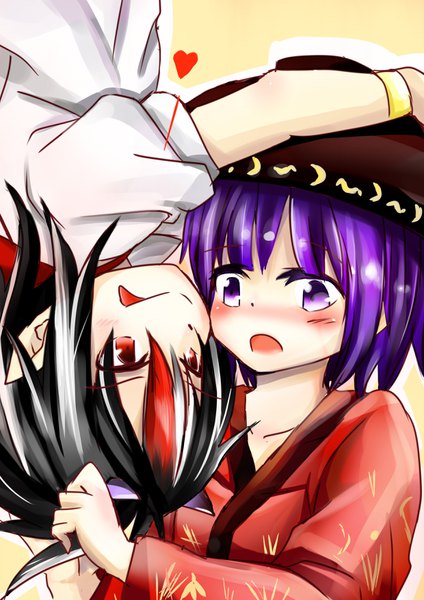 Anime picture 2480x3507 with touhou kijin seija sukuna shinmyoumaru jun-jun tall image blush fringe highres short hair open mouth black hair simple background smile hair between eyes red eyes purple eyes multiple girls looking away purple hair upper body