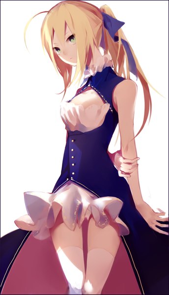Anime picture 704x1228 with fate (series) fate/stay night fate/zero studio deen type-moon artoria pendragon (all) saber mayer tall image looking at viewer simple background blonde hair white background green eyes ponytail alternate costume zettai ryouiki alternate hairstyle thighhighs dress