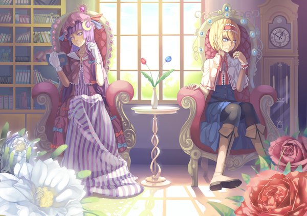 Anime picture 1653x1169 with touhou patchouli knowledge alice margatroid madyy long hair short hair blue eyes blonde hair sitting purple eyes multiple girls purple hair girl dress flower (flowers) 2 girls boots window hairband book (books)
