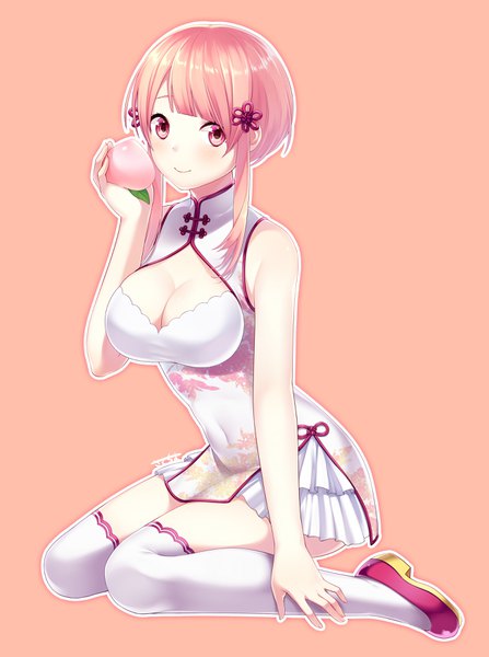 Anime picture 2610x3500 with original sakura chiyo (konachi000) single long hair tall image looking at viewer blush fringe highres breasts light erotic simple background smile red eyes sitting pink hair traditional clothes arm support sleeveless wariza