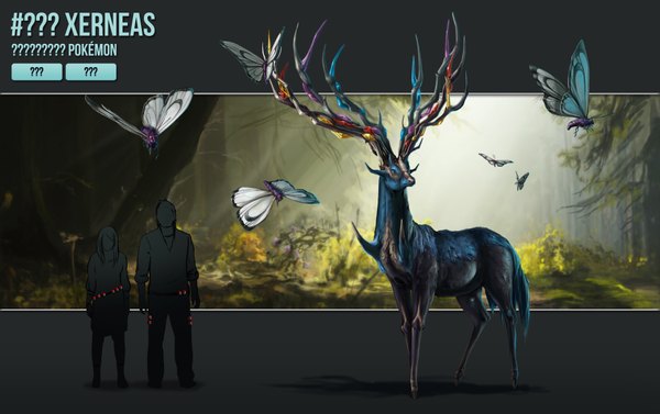 Anime picture 7443x4677 with pokemon nintendo butterfree xerneas tagme (artist) highres absurdres inscription shadow gen 1 pokemon gen 6 pokemon girl boy tree (trees) insect butterfly forest people pokeball deer