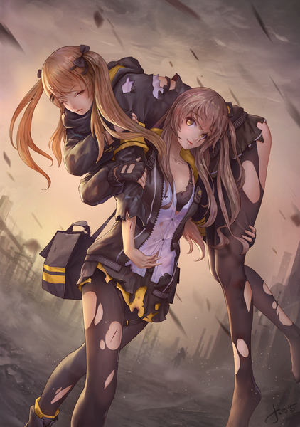 Anime picture 1632x2321 with girls frontline ump45 (girls frontline) ump9 (girls frontline) jay xu long hair tall image looking at viewer blush light erotic smile brown hair twintails multiple girls holding signed yellow eyes payot cleavage outdoors long sleeves