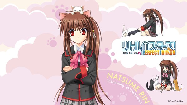 Anime picture 1920x1080 with little busters! key (studio) natsume rin na-ga long hair highres red eyes brown hair wide image ponytail inscription wallpaper girl uniform school uniform cat