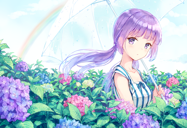 Anime picture 1163x800 with aikatsu! hikami sumire hiten (hitenkei) single long hair looking at viewer blush fringe purple eyes twintails holding payot sky purple hair cloud (clouds) upper body blunt bangs parted lips :o wet