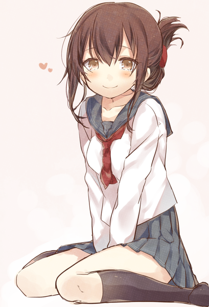 Anime picture 1463x2148 with kantai collection inazuma destroyer kayahara (kayaka) single long hair tall image looking at viewer blush fringe brown hair sitting brown eyes pleated skirt light smile grey background folded ponytail girl skirt uniform socks