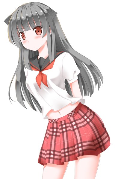 Anime picture 2893x4092 with original catstudioinc (punepuni) single long hair tall image looking at viewer blush highres black hair simple background red eyes white background animal ears cat ears plaid skirt hands behind back girl skirt navel sailor suit