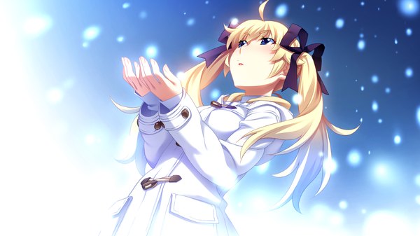 Anime picture 2048x1152 with grisaia no kajitsu matsushima michiru watanabe akio long hair highres blue eyes blonde hair wide image twintails game cg ahoge snowing winter girl ribbon (ribbons) hair ribbon jacket