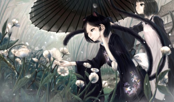 Anime picture 1856x1092 with original kikivi highres short hair black hair wide image multiple girls animal ears tail traditional clothes japanese clothes animal tail black eyes cat ears mole cat girl cat tail mole under eye adjusting hair rain