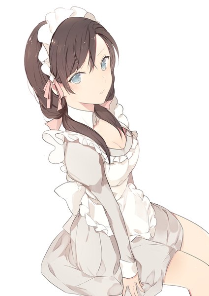 Anime picture 650x918 with original lpip single long hair tall image looking at viewer blush fringe breasts open mouth blue eyes simple background brown hair white background sitting twintails cleavage from above arm support maid