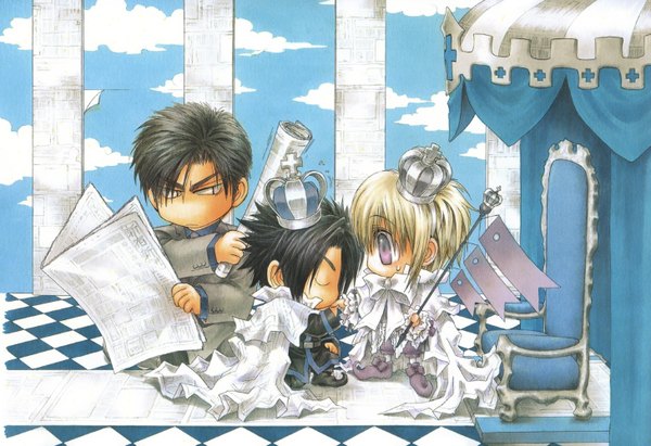 Anime picture 2916x2000 with okane ga nai ayase yukiya kanou somuku takanohashi yamato tohru kousaka highres black hair eyes closed sweat couple sweatdrop chibi checkered floor shounen ai boy cloak suit crown flag newspaper