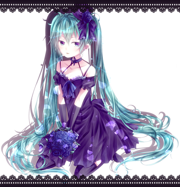 Anime picture 1028x1066 with vocaloid hatsune miku single tall image twintails bare shoulders very long hair aqua eyes aqua hair girl dress gloves hair ornament flower (flowers) elbow gloves bouquet