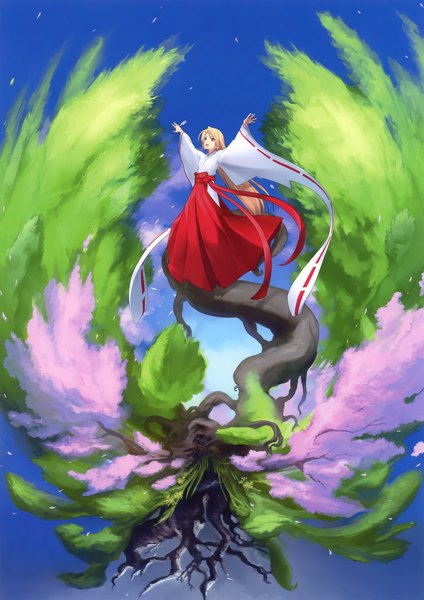 Anime picture 3248x4600 with original eshi 100-nin ten chuuou higashiguchi single long hair tall image highres open mouth blonde hair red eyes absurdres long sleeves traditional clothes miko girl plant (plants) petals tree (trees)