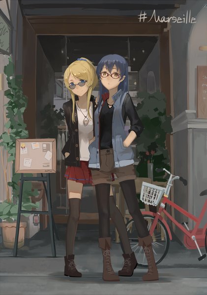 Anime picture 1122x1600 with love live! school idol project sunrise (studio) love live! ayase eli sonoda umi huanxiang heitu long hair tall image looking at viewer blue eyes blonde hair multiple girls brown eyes blue hair ponytail pleated skirt watermark hands in pockets bespectacled girl