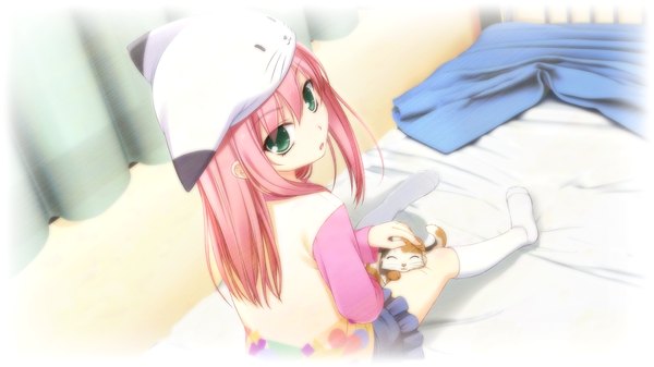 Anime picture 2560x1440 with shunki gentei poco a poco ninomae sakura kazami haruki single long hair highres wide image sitting green eyes pink hair game cg looking back loli girl socks white socks cap animal hat