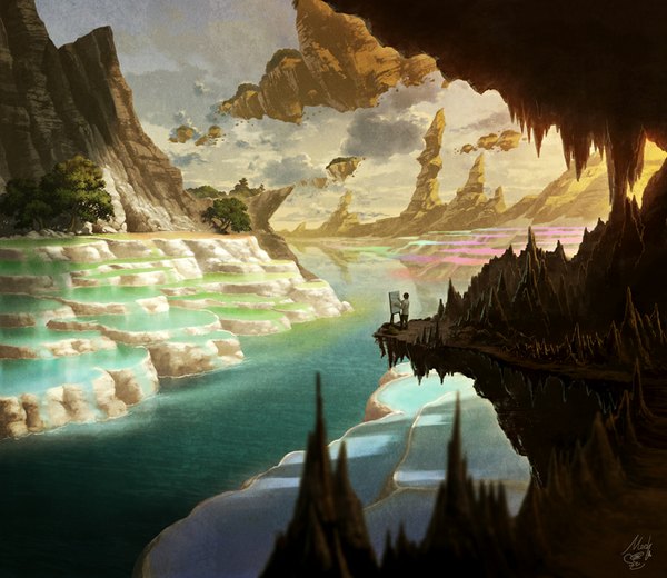 Anime picture 900x780 with original mocha (cotton) single short hair signed landscape fantasy scenic river weightlessness painting boy island