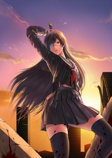 Anime picture 856x1200 with original inuzuka bouru long hair tall image black hair red eyes sky cloud (clouds) zettai ryouiki evening sunset girl thighhighs skirt uniform weapon black thighhighs sword serafuku katana