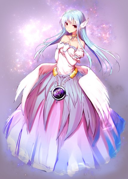 Anime picture 858x1200 with original iori (cpeilad) single long hair tall image looking at viewer bare shoulders brown eyes blue hair head wings girl dress wings