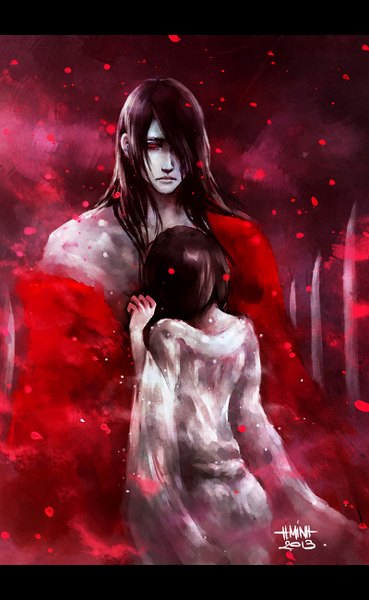 Anime picture 800x1300 with bleach studio pierrot kuchiki rukia kuchiki byakuya nanfe long hair tall image fringe short hair black hair red eyes signed traditional clothes japanese clothes hair over one eye back letterboxed pale skin sad brother and sister
