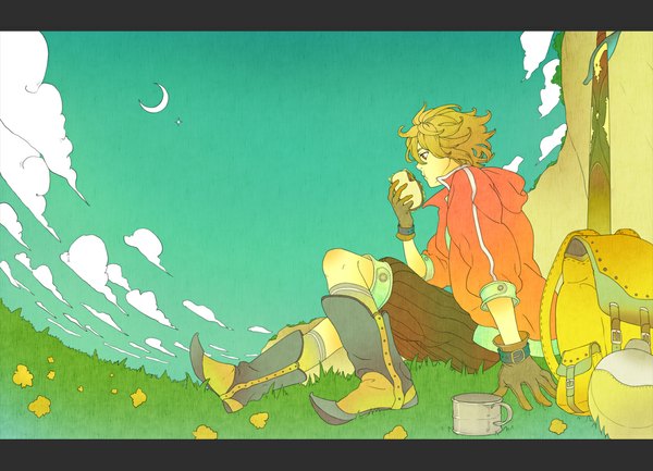 Anime picture 1150x830 with original pixiv fantasia pixiv fantasia ii ame (conronca) single blonde hair sitting sky cloud (clouds) crescent boy gloves plant (plants) food jacket boots grass cup backpack
