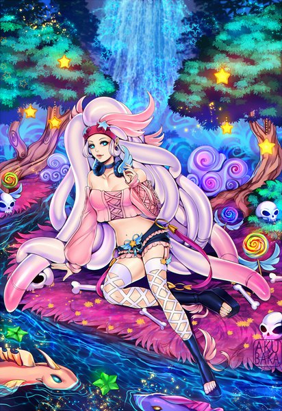 Anime picture 619x900 with original akubaka single long hair tall image sitting pink hair purple hair bent knee (knees) lacing fantasy river headphones around neck waterfall bone (bones) girl plant (plants) animal tree (trees) water