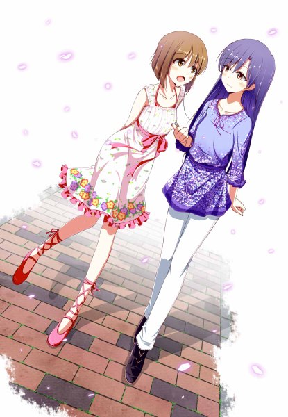 Anime picture 830x1200 with idolmaster kisaragi chihaya hagiwara yukiho izuki (toneya) long hair tall image blush short hair open mouth smile brown hair white background multiple girls brown eyes blue hair sleeveless casual girl dress skirt