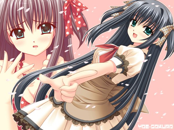 Anime picture 1600x1200 with shuffle! yae sakura (shuffle!) nishimata aoi long hair blush fringe breasts open mouth black hair green eyes cleavage upper body parted lips arm up two side up embarrassed wallpaper character names close-up pink background