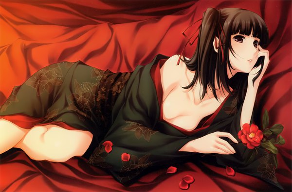 Anime picture 4000x2642 with cartagra nagomibako rin (cartagra) sugina miki single long hair fringe highres breasts light erotic black hair brown eyes looking away absurdres blunt bangs traditional clothes parted lips japanese clothes scan official art