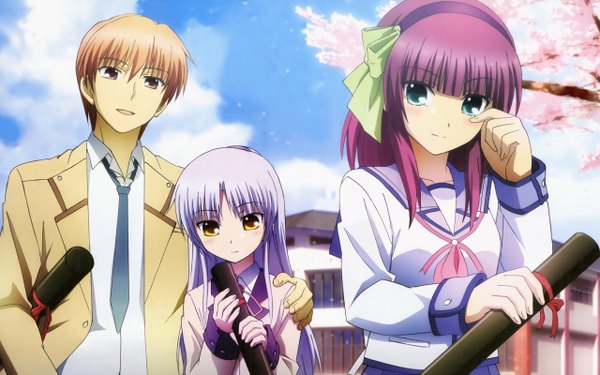 Anime picture 2560x1600 with angel beats! key (studio) tachibana kanade nakamura yuri otonashi yuzuru totani kento long hair highres blonde hair red eyes wide image multiple girls green eyes yellow eyes pink hair purple hair tears cherry blossoms graduation girl