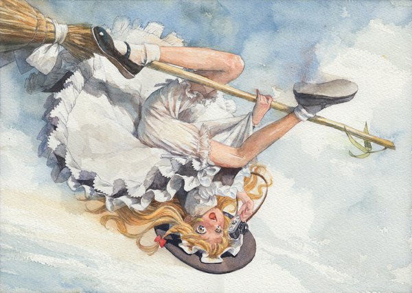 Anime picture 1078x768 with touhou kirisame marisa misawa hiroshi single long hair looking at viewer open mouth blonde hair yellow eyes cloud (clouds) braid (braids) single braid flying witch upside down traditional media broom riding girl dress ribbon (ribbons)