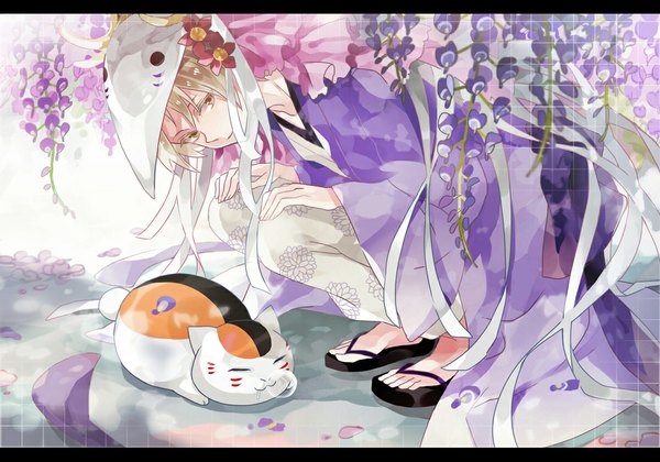 Anime picture 1100x770 with natsume yuujinchou brains base (studio) natsume takashi madara (nyanko-sensei) michi (iawei) short hair blonde hair brown eyes eyes closed traditional clothes japanese clothes hair flower horn (horns) sleeping mask on head boy hair ornament flower (flowers) animal petals