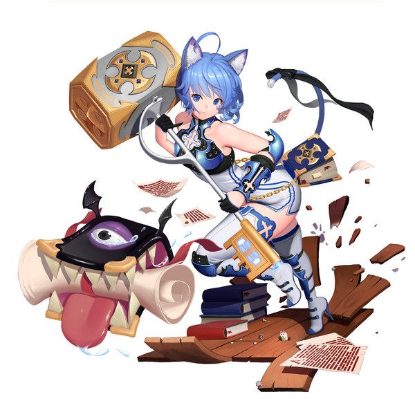 Anime picture 1559x1500 with original naco single looking at viewer short hair blue eyes white background animal ears blue hair tail animal tail cat ears cat girl cat tail girl gloves weapon black gloves book (books) key
