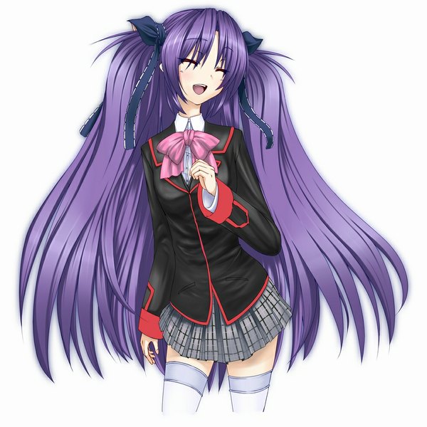 Anime picture 1000x1000 with little busters! key (studio) sasasegawa sasami couzone single long hair open mouth simple background white background purple hair eyes closed girl thighhighs skirt uniform ribbon (ribbons) hair ribbon school uniform miniskirt white thighhighs