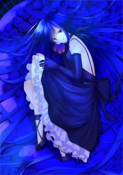 Anime picture 826x1169 with original leyte single long hair tall image looking at viewer fringe blue eyes smile bare shoulders blue hair lying bare back pale skin :q embryo's pose girl dress gloves flower (flowers)