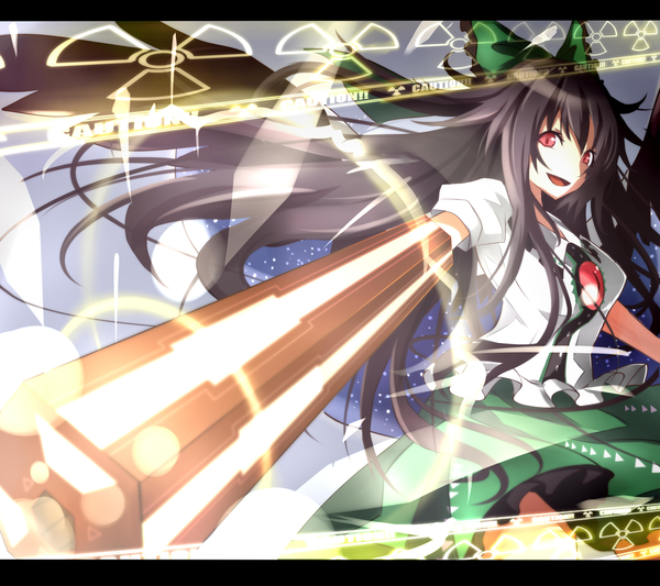 Anime picture 1350x1200 with touhou reiuji utsuho itoo (artist) long hair black hair red eyes magic starry sky print arm cannon girl bow weapon hair bow gun