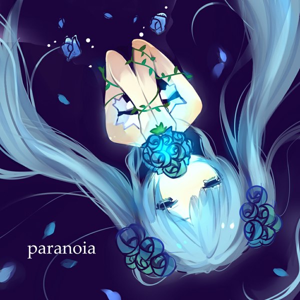 Anime picture 1000x1000 with vocaloid hatsune miku tagme (artist) single long hair blue eyes twintails blue hair hair flower inscription tears girl dress hair ornament petals rose (roses)