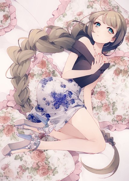 Anime picture 750x1050 with kantai collection yuugumo destroyer sayori (artist) single tall image looking at viewer fringe blue eyes brown hair bent knee (knees) lying braid (braids) very long hair high heels single braid floral print hand on chest girl skirt flower (flowers)