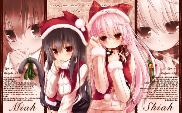 Anime picture 1920x1200 with original shia flatpaddy mia flatpaddy syroh long hair looking at viewer blush highres black hair red eyes wide image multiple girls animal ears pink hair cat ears inscription cat girl cat tail fur trim text